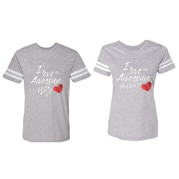 I Love My Awesome Husband Wife Matching Couple Cotton Jerseys (Men Heather / Women Heather) (Men XL / Women M)