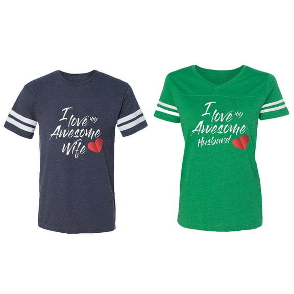 I Love My Awesome Husband Wife Matching Couple Cotton Jerseys (Men Navy / Women Green) (Men L / Women XXL)