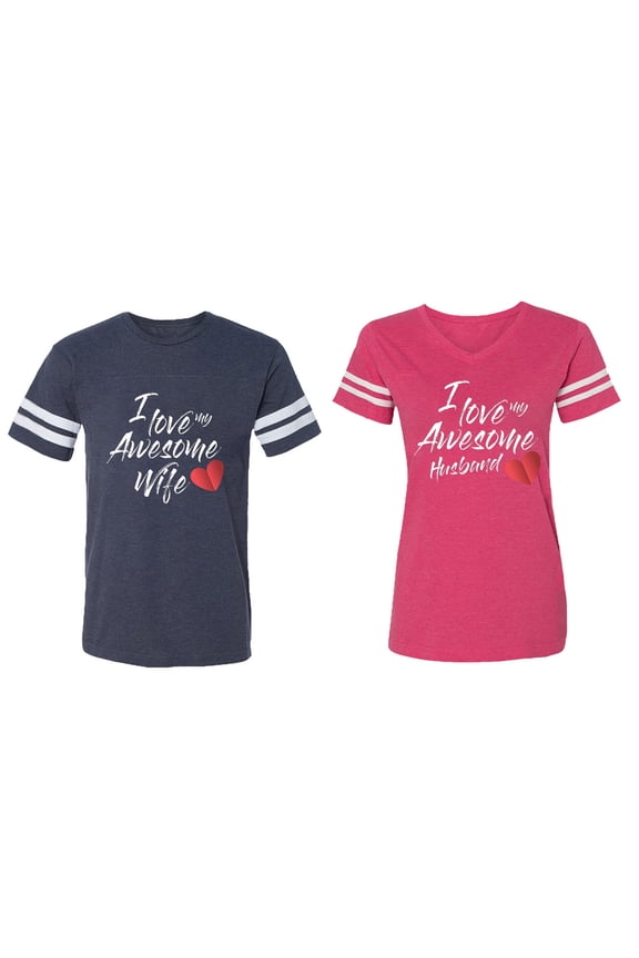 I Love My Awesome Husband Wife Matching Couple Cotton Jerseys (Men Navy / Women Pink) (Men M / Women M)