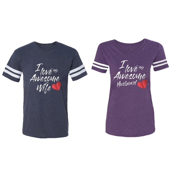 I Love My Awesome Husband Wife Matching Couple Cotton Jerseys (Men Navy / Women Purple) (Men M / Women L)