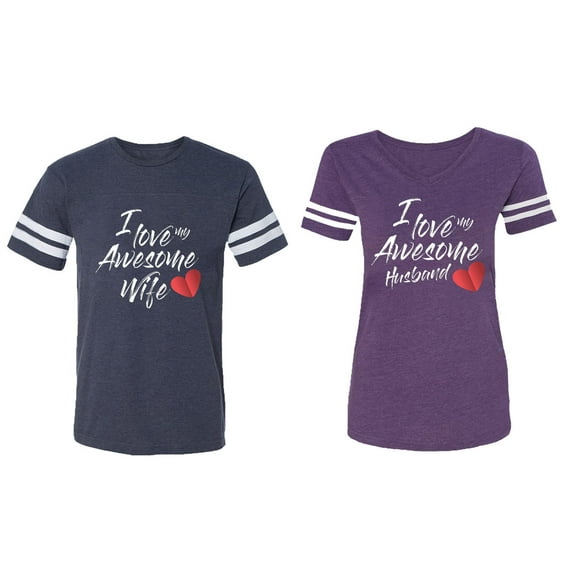 I Love My Awesome Husband Wife Matching Couple Cotton Jerseys (Men Navy / Women Purple) (Men M / Women XL)