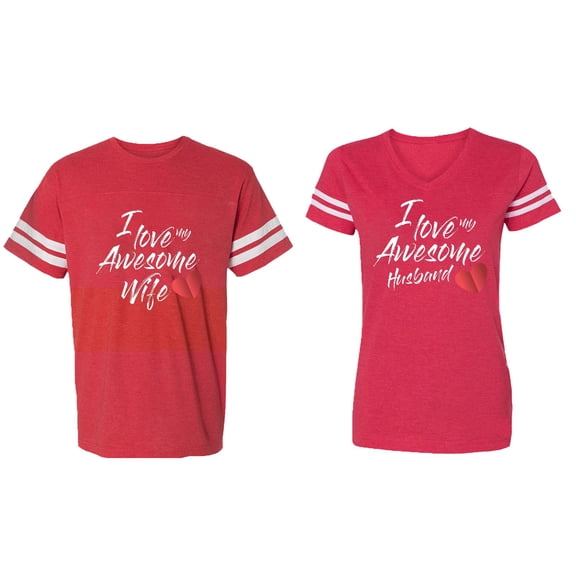 I Love My Awesome Husband Wife Matching Couple Cotton Jerseys (Men Red / Women Red) (Men XXL / Women XXL)