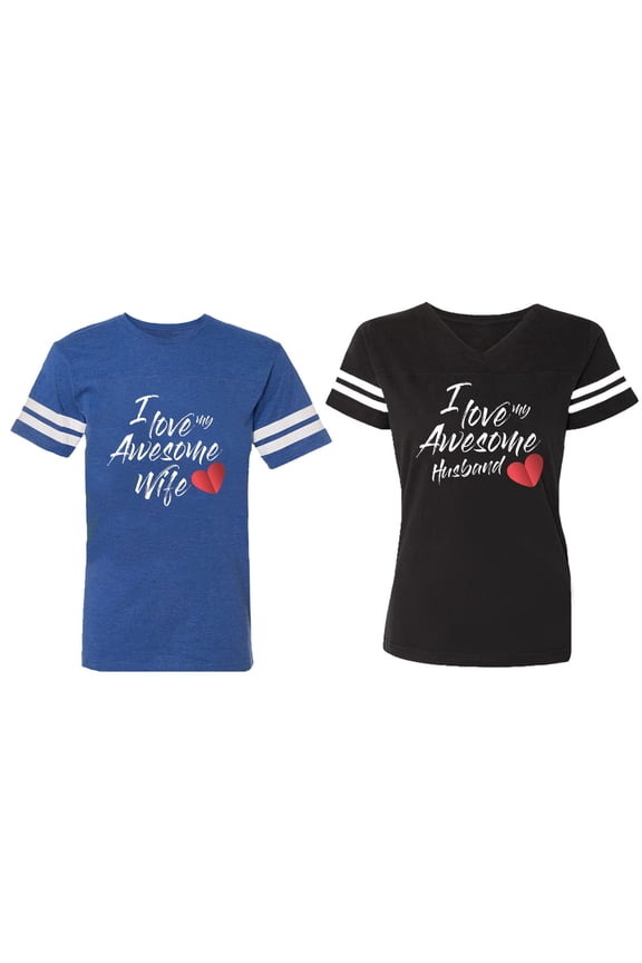 I Love My Awesome Husband Wife Matching Couple Cotton Jerseys (Men Royal / Women Black) (Men S / Women S)