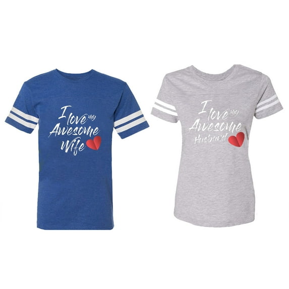 I Love My Awesome Husband Wife Matching Couple Cotton Jerseys (Men Royal / Women Heather) (Men S / Women XL)