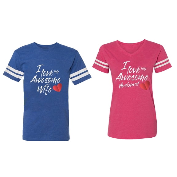 I Love My Awesome Husband Wife Matching Couple Cotton Jerseys (Men Royal / Women Pink) (Men XXL / Women L)