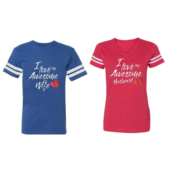 I Love My Awesome Husband Wife Matching Couple Cotton Jerseys (Men Royal / Women Red) (Men M / Women M)