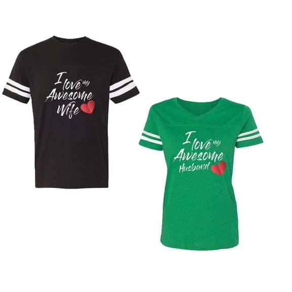 I Love My Awesome Husband Wife Unisex Couple Matching Cotton Jersey style T-Shirt Contrasting stripes on sleeves (Men Black / Women Green) (Men L / Women M)