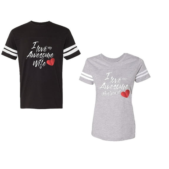 I Love My Awesome Husband Wife Unisex Couple Matching Cotton Jersey style T-Shirt Contrasting stripes on sleeves (Men Black / Women Heather) (Men XL / Women S)
