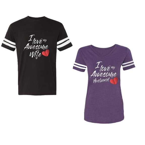I Love My Awesome Husband Wife Unisex Couple Matching Cotton Jersey style T-Shirt Contrasting stripes on sleeves (Men Black / Women Purple) (Men XL / Women M)