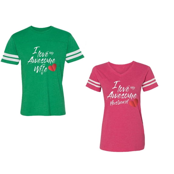 I Love My Awesome Husband Wife Unisex Couple Matching Cotton Jersey style T-Shirt Contrasting stripes on sleeves (Men Green / Women Pink) (Men XL / Women S)