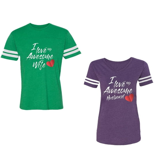 I Love My Awesome Husband Wife Unisex Couple Matching Cotton Jersey style T-Shirt Contrasting stripes on sleeves (Men Green / Women Purple) (Men S / Women XXL)