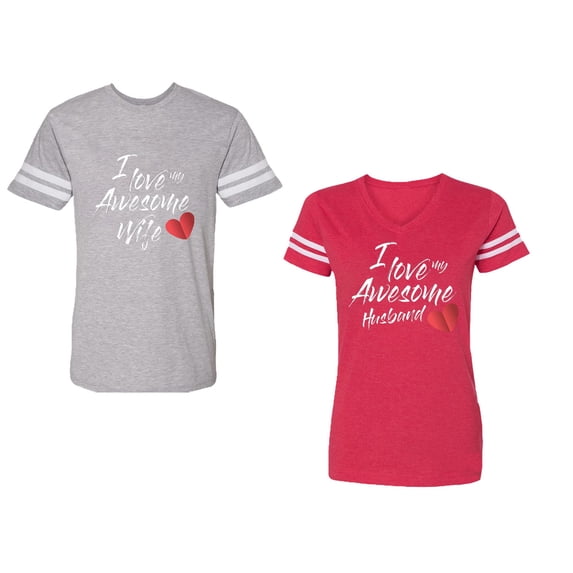 I Love My Awesome Husband Wife Unisex Couple Matching Cotton Jersey style T-Shirt Contrasting stripes on sleeves (Men Heather / Women Red) (Men M / Women M)