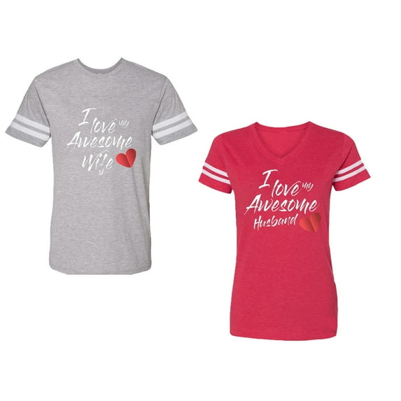 I Love My Awesome Husband Wife Unisex Couple Matching Cotton Jersey style T-Shirt Contrasting stripes on sleeves (Men Heather / Women Red) (Men XXL / Women XXL)