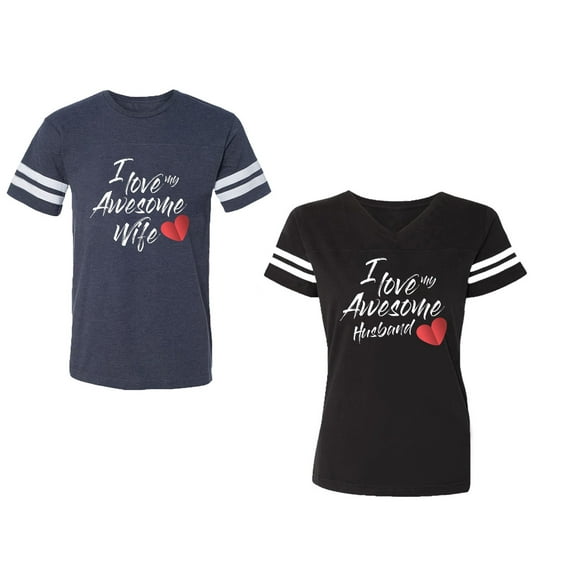 I Love My Awesome Husband Wife Unisex Couple Matching Cotton Jersey style T-Shirt Contrasting stripes on sleeves (Men Navy / Women Black) (Men M / Women XL)