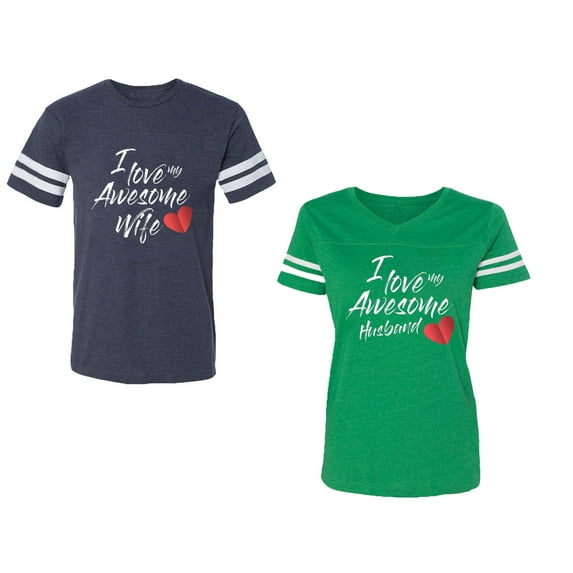 I Love My Awesome Husband Wife Unisex Couple Matching Cotton Jersey style T-Shirt Contrasting stripes on sleeves (Men Navy / Women Green) (Men S / Women XL)