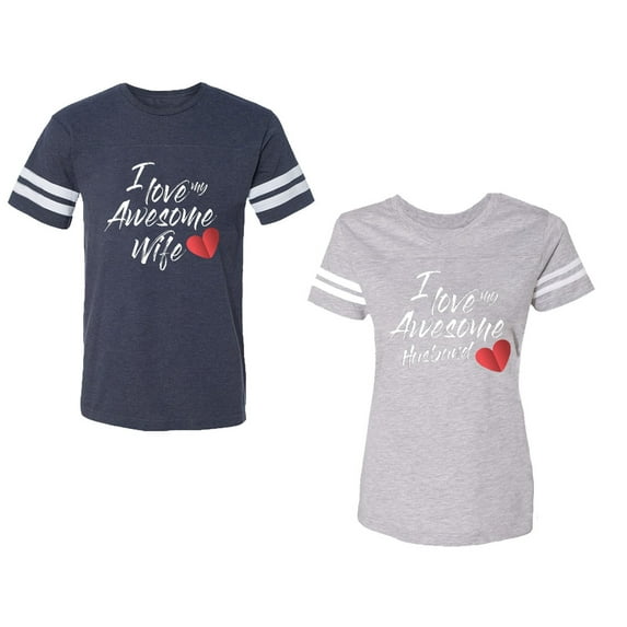 I Love My Awesome Husband Wife Unisex Couple Matching Cotton Jersey style T-Shirt Contrasting stripes on sleeves (Men Navy / Women Heather) (Men XL / Women M)