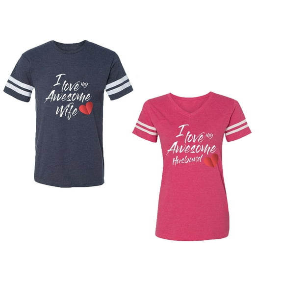I Love My Awesome Husband Wife Unisex Couple Matching Cotton Jersey style T-Shirt Contrasting stripes on sleeves (Men Navy / Women Pink) (Men XL / Women S)