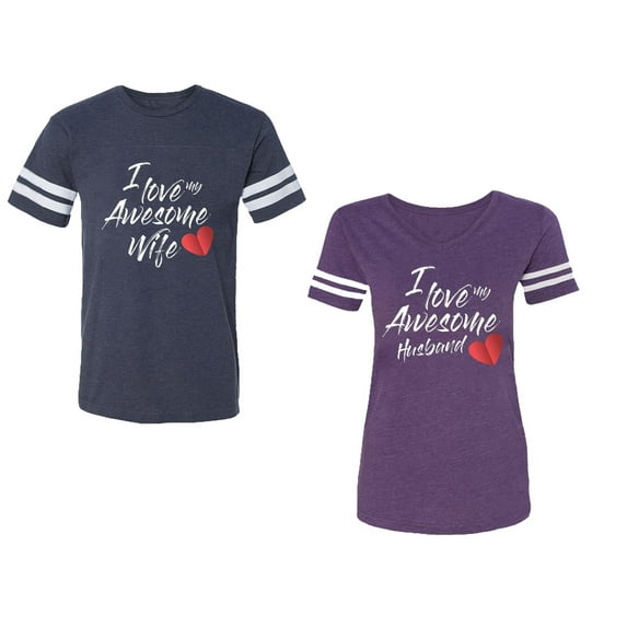 I Love My Awesome Husband Wife Unisex Couple Matching Cotton Jersey style T-Shirt Contrasting stripes on sleeves (Men Navy / Women Purple) (Men M / Women L)