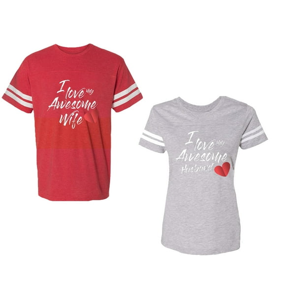 I Love My Awesome Husband Wife Unisex Couple Matching Cotton Jersey style T-Shirt Contrasting stripes on sleeves (Men Red / Women Heather) (Men M / Women L)