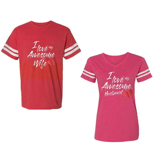 I Love My Awesome Husband Wife Unisex Couple Matching Cotton Jersey style T-Shirt Contrasting stripes on sleeves (Men Red / Women Pink) (Men S / Women M)