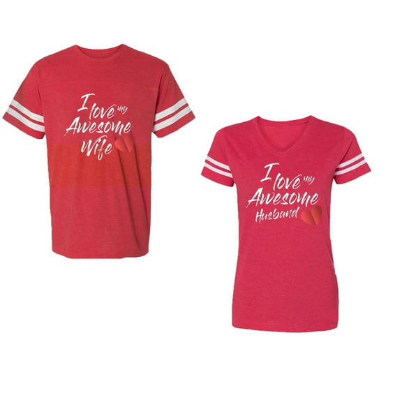 I Love My Awesome Husband Wife Unisex Couple Matching Cotton Jersey style T-Shirt Contrasting stripes on sleeves (Men Red / Women Red) (Men L / Women XXL)
