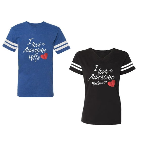 I Love My Awesome Husband Wife Unisex Couple Matching Cotton Jersey style T-Shirt Contrasting stripes on sleeves (Men Royal / Women Black) (Men S / Women S)