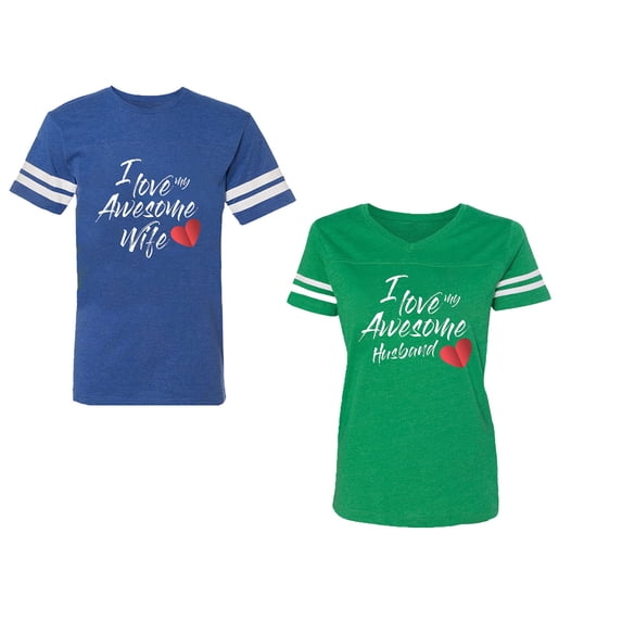 I Love My Awesome Husband Wife Unisex Couple Matching Cotton Jersey style T-Shirt Contrasting stripes on sleeves (Men Royal / Women Green) (Men XXL / Women S)