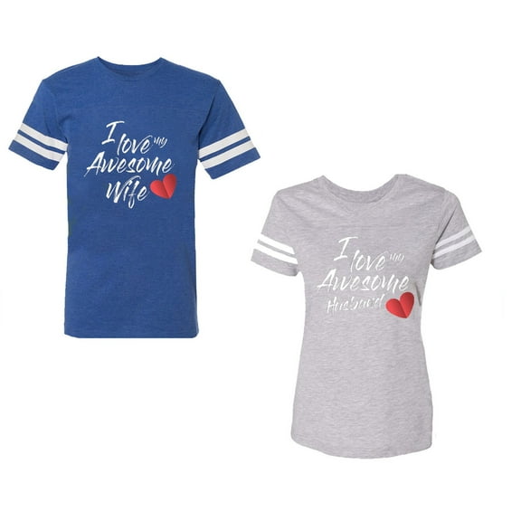 I Love My Awesome Husband Wife Unisex Couple Matching Cotton Jersey style T-Shirt Contrasting stripes on sleeves (Men Royal / Women Heather) (Men L / Women XL)