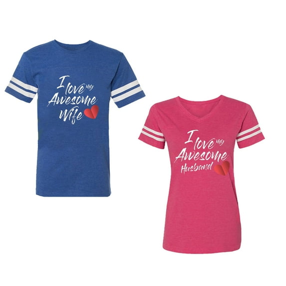 I Love My Awesome Husband Wife Unisex Couple Matching Cotton Jersey style T-Shirt Contrasting stripes on sleeves (Men Royal / Women Pink) (Men L / Women XXL)