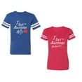 thumbnail image 1 of I Love My Awesome Husband Wife Unisex Couple Matching Cotton Jersey style T-Shirt Contrasting stripes on sleeves (Men Royal / Women Red) (Men S / Women S), 1 of 3