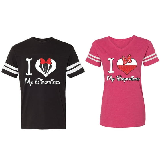 I Love My BF GF Matching Couple Cotton Jerseys (Men Black / Women Pink) (Men S / Women S)