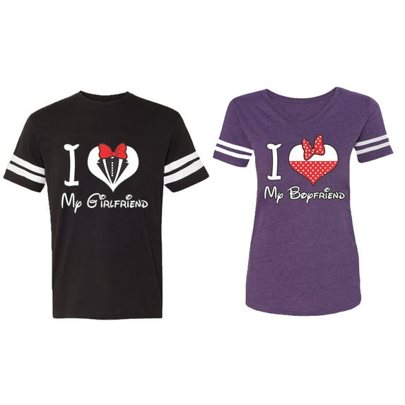I Love My BF GF Matching Couple Cotton Jerseys (Men Black / Women Purple) (Men XXXL / Women XXL)