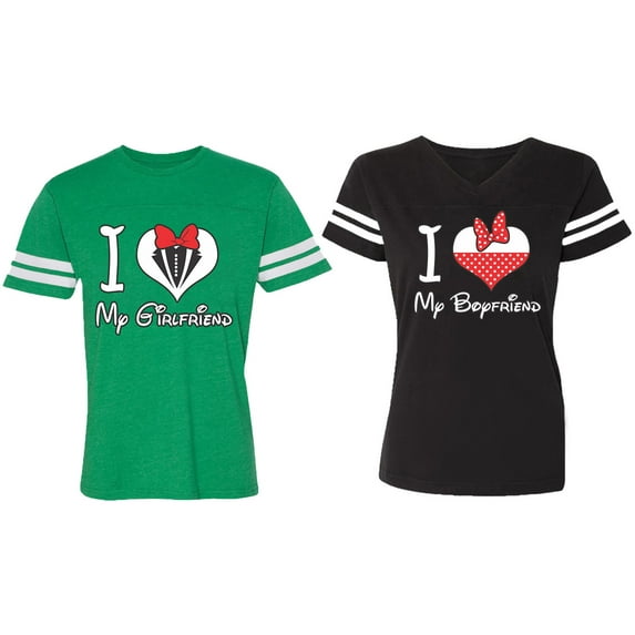 I Love My BF GF Matching Couple Cotton Jerseys (Men Green / Women Black) (Men XL / Women M)