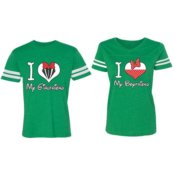 I Love My BF GF Matching Couple Cotton Jerseys (Men Green / Women Green) (Men L / Women XXL)