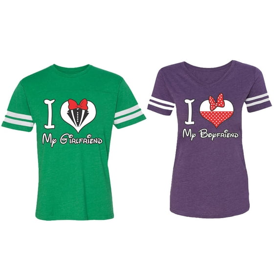 I Love My BF GF Matching Couple Cotton Jerseys (Men Green / Women Purple) (Men S / Women M)