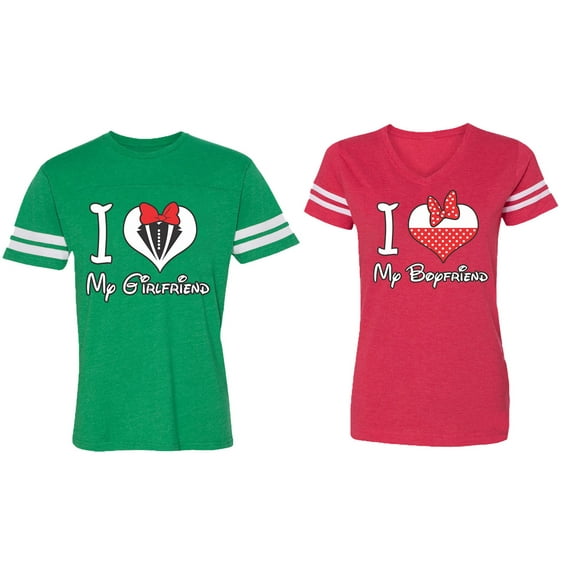 I Love My BF GF Matching Couple Cotton Jerseys (Men Green / Women Red) (Men L / Women XXL)