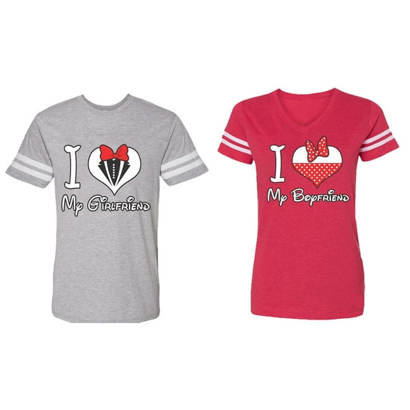 I Love My BF GF Matching Couple Cotton Jerseys (Men Heather / Women Red) (Men L / Women M)