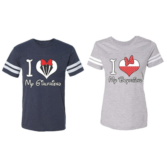 I Love My BF GF Matching Couple Cotton Jerseys (Men Navy / Women Heather) (Men L / Women L)