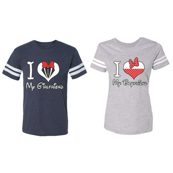 I Love My BF GF Matching Couple Cotton Jerseys (Men Navy / Women Heather) (Men M / Women S)