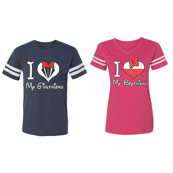 I Love My BF GF Matching Couple Cotton Jerseys (Men Navy / Women Pink) (Men S / Women XL)