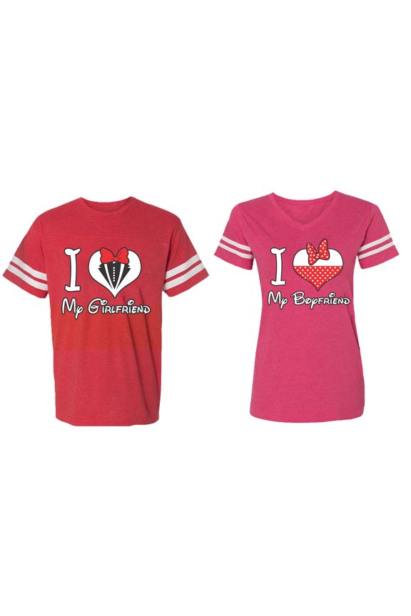 I Love My BF GF Matching Couple Cotton Jerseys (Men Red / Women Pink) (Men L / Women S)