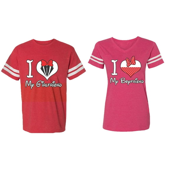 I Love My BF GF Matching Couple Cotton Jerseys (Men Red / Women Pink) (Men L / Women XL)