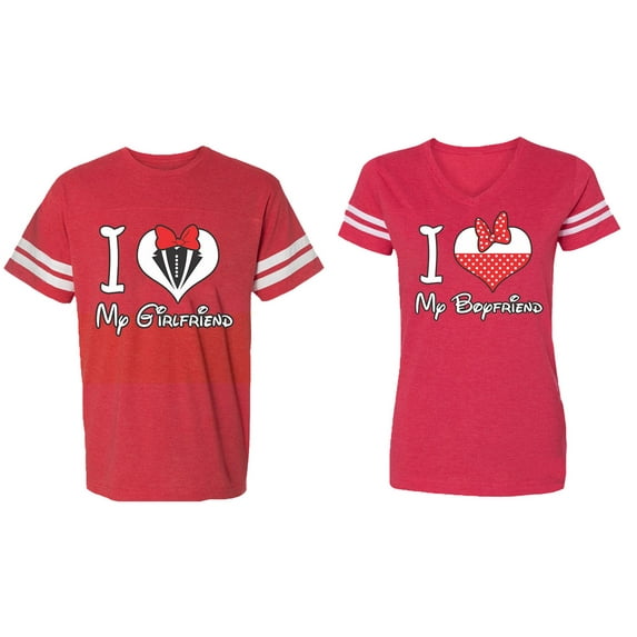 I Love My BF GF Matching Couple Cotton Jerseys (Men Red / Women Red) (Men M / Women XXL)