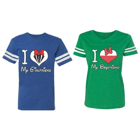 I Love My BF GF Matching Couple Cotton Jerseys (Men Royal / Women Green) (Men XXL / Women S)