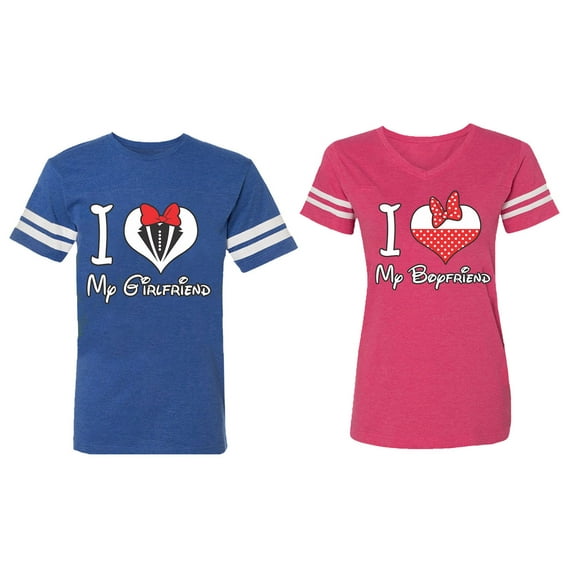 I Love My BF GF Matching Couple Cotton Jerseys (Men Royal / Women Pink) (Men XXXL / Women XXL)