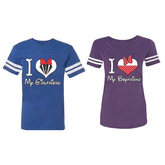 I Love My BF GF Matching Couple Cotton Jerseys (Men Royal / Women Purple) (Men L / Women L)