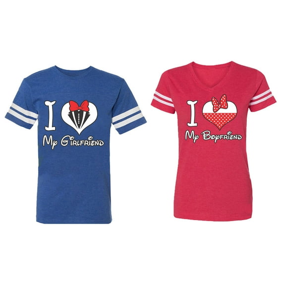 I Love My BF GF Matching Couple Cotton Jerseys (Men Royal / Women Red) (Men S / Women XL)