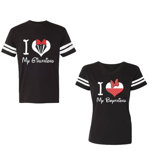 I Love My BF GFUnisex Couple Matching Cotton Jersey style T-Shirt Contrasting stripes on sleeves (Men Black / Women Black) (Men XL / Women S)