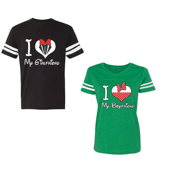 I Love My BF GFUnisex Couple Matching Cotton Jersey style T-Shirt Contrasting stripes on sleeves (Men Black / Women Green) (Men S / Women XL)