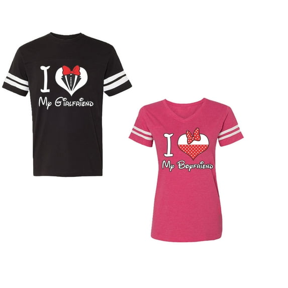 I Love My BF GFUnisex Couple Matching Cotton Jersey style T-Shirt Contrasting stripes on sleeves (Men Black / Women Pink) (Men S / Women XL)